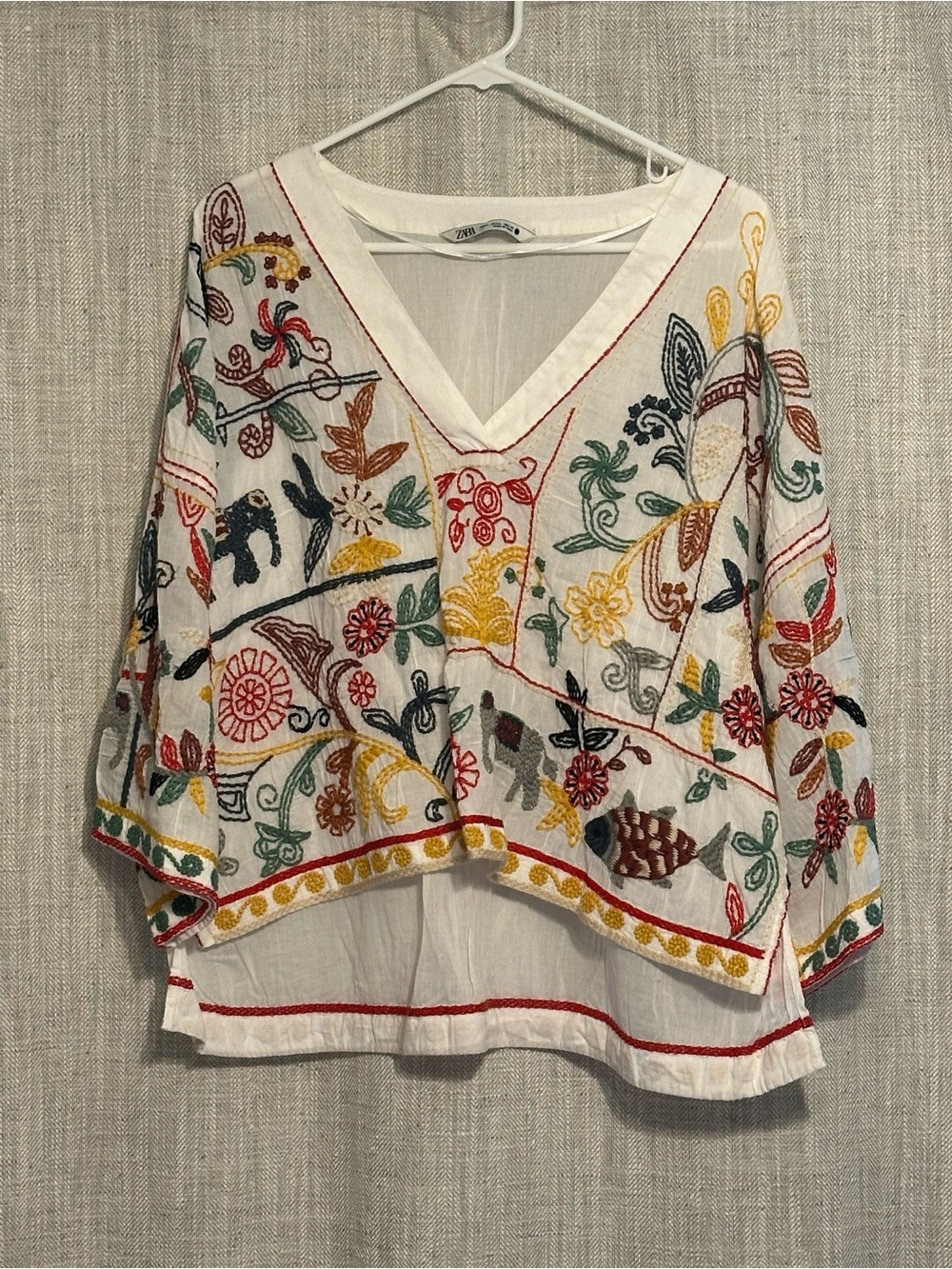 Zara White V-Neck Embroidered Boho Tunic with Multi-Color Motifs